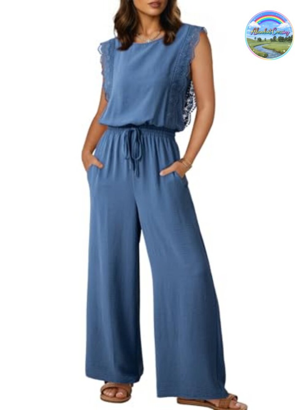 Womens Lace Cap Sleeve Wide Leg Jumpsuit Romper Crewneck Drawstring Waist